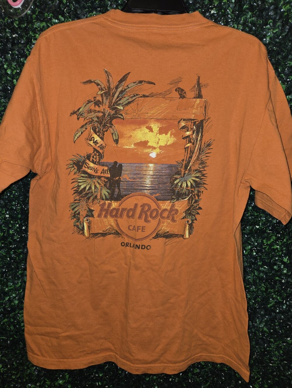 Hard Rock Cafe Shirt Mens Large Orange Orlando Beach Sunset Graphic Tee Souvenir